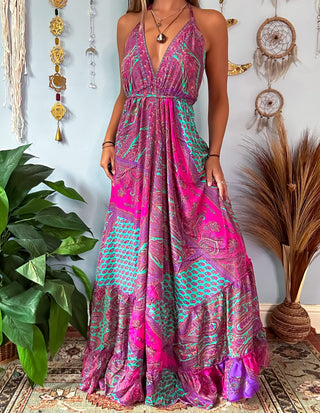 SILK TIERED DRESS - FUCHSIA